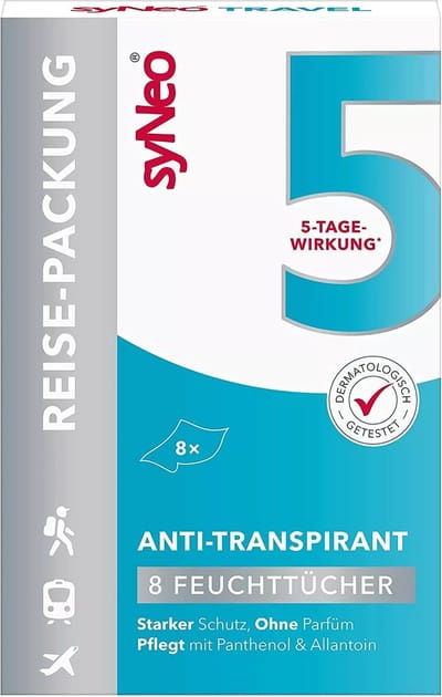 syNeo 5 - Deodorant Anti-transpirant Reisverpakking - 8 natte doekjes - Overmatig zweten