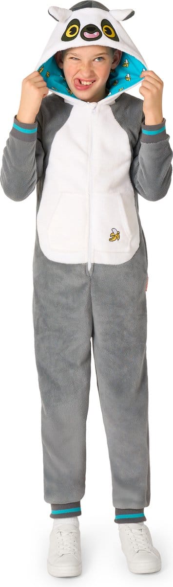 OppoSuits Apen Onesie Kids - Unisex - Ringstaart Maki Fleece Jumpsuit - Carnavalskleding - Dieren Verkleedpak Voor Kinderen - Grijs - Maat: S - EU92/98 - 2-4 Jaar