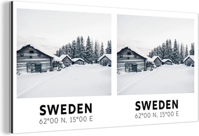 Wanddecoratie Metaal - Aluminium Schilderij Industrieel - Zweden - Sneeuw - Huizen - 160x80 cm - Dibond - Foto op aluminium - Industriële muurdecoratie - Voor de woonkamer/slaapkamer