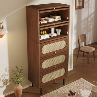 Bijzetkast 80x40x163 cm - hoge kast - ladekast met vijf lades - walnoot met rieten details - veel opbergruimte - keukenkast