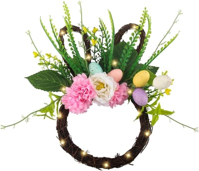 Lente Krans voor de Deur met Verlichte Touwlampjes, Paasdecoratie, Konijn Rietdecoratie, Toegang, Feestelijke Versiering, Voorjaar, Buitenversiering