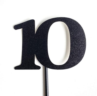 Taartdecoratie| Taarttopper| Taartversiering| Verjaardag| Cijfers| 10| Zwart glitter| 14 cm| karton