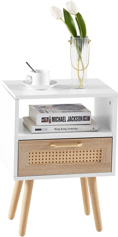 Wishdor - Nachtkastje - Met Lade En Rotanfront - Modern - Voor Slaapkamer - MDF - Wit En Naturel