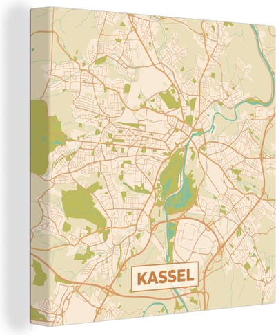 Canvas Schilderij Plattegrond - Kassel - Vintage - Kaart - Stadskaart - 20x20 cm - Wanddecoratie