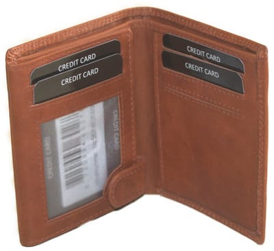 Oi retro oranje- cognackleurige lederen herenportemonnee klein zonder munt vak / pasjeshouder voor veel pasjes met ruimte voor biljetten / compact herenbeursje zonder kleingeld vak met 2 grote zichtvensters / Anti skim / retro leer / 563Orange NR