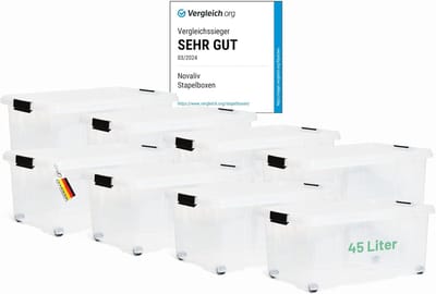 Novaliv 8x opbergdozen met deksel, groot 45L, transparant, nestbaar, stapelbaar met clipsluiting, rolboxen, kunststof, BPA-vrij, 61x40x26 cm