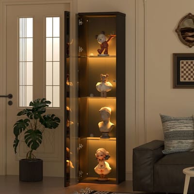KOMHTOM - Vitrine - 40 x 29 x 170 cm - Multifunctioneel - Glazen Wand - LED-Verlichting met Kleurwisseling - Afstandsbediening en App-Bediening - Acrylplaat - Eenvoudig Ontwerp - Zwart