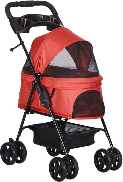 Merax Hondenbuggy Rood - Opvouwbare Buggy voor Kleine Honden en Katten met Opslagmand en Bekerhouders Oxford 67x45x96 cm