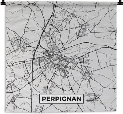 Wandkleed - Wanddoek - Plattegrond - Kaart - Stadskaart - Frankrijk - Perpignan - 180x180 cm - Wandtapijt
