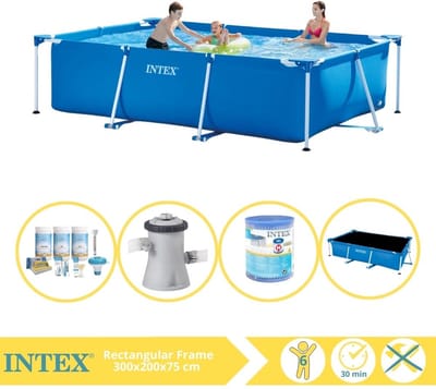 Intex Rechthoekig Frame Zwembad - 300 x 200 x 75 cm - Blauw - Inclusief Solarzeil - Onderhoudspakket - Zwembadfilterpomp - Filter - 5-delig