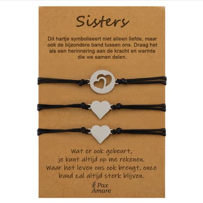 Vriendschapsarmbandjes voor 3 "Sisters" - Verschillende Hartjes - BFF Armbandjes met Cadeau Kaartje - Zilverkleurig - Elastisch Verstelbaar - Pax Amare
