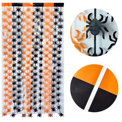 Halloween Glittergordijn - Versiering Decoratie - 1x2m - Spinnen Oranje Zwart - Feestgordijn - Deurgordijn - Backdrop - Fotografie Achtergrond
