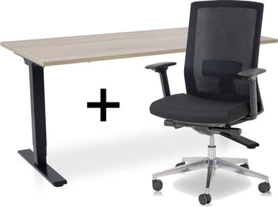 Zit-sta bureau elektrisch verstelbaar +  ERGO Bureaustoel | ARBO COMFORT NEN-EN 527 Thuiswerkset | frame bureau zwart - bureaublad midden eiken| 160x80 cm