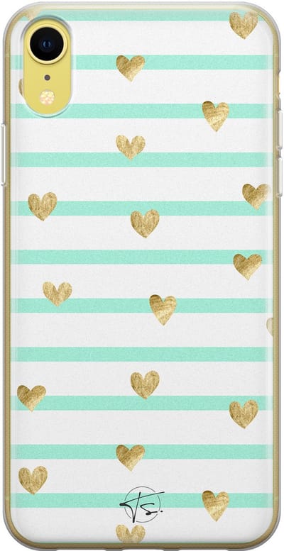 Hoesje geschikt voor iPhone XR - Mint hartjes - Soft Case - TPU - Print - Blauw - Mooie Telefoonhoesjes