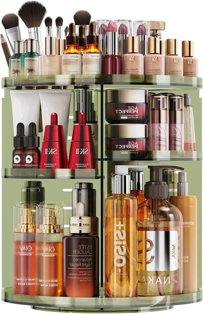 Make-up organizer met 9 verstelbare niveaus en 360° draaibare opslag voor een opgeruimde make-up tafel, Groen