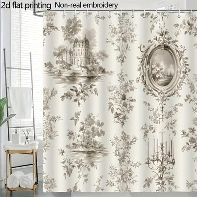 Klassiek Toile Douchegordijn Frans Kasteel Bloemenpatroon Vintage Badkamer Decoratie Waterdichte Stof Gordijnen Elegante Woonstijl W60H190(CM)-1 Pcs beige
