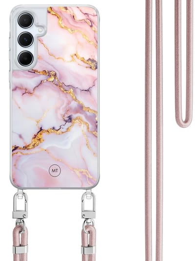 Hoesje met koord geschikt voor Samsung Galaxy A15 - Marble pink - Inclusief Rosegoud koord - Crossbody beschermhoes - Transparant, Multi - Mooie Telefoonhoesjes