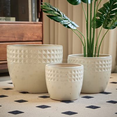 Bloempotset - Ø 38,1/30,5/22,9 cm - Handgemaakt Ruitpatroon - voor Sukkulenten - Keramiek - Wit