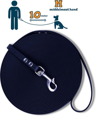 Miqdi lange lijn - BioThane® – zwart - 10 meter lang – 13mm breed – M – middelmaat hond – lange hondenriem