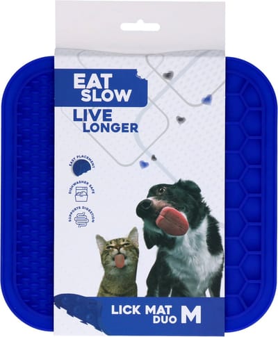Eat Slow Live Longer Duo Likmat - 21 x 21 cm - Vierkant - Snuffelmat - Anti-schrok Mat - Slowfeeder Honden en Katten - 100% Siliconen - Vaatwasserbestendig - Maat M - Voerpuzzel Kat - Blauw