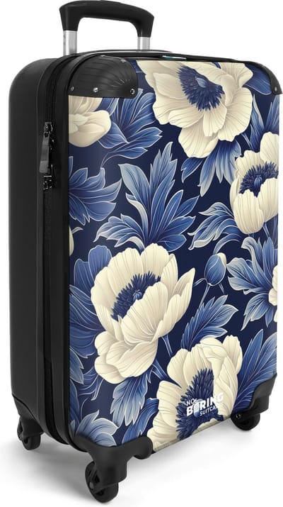 NoBoringSuitcases.com® - Handbagage koffer lichtgewicht - Donkerblauw met witte bloemen - Vakantie reiskoffer trolley - Rolkoffer op wieltjes - Travel luggage suitcase - Valies carryon koffertje - Past binnen 55x40x20 en 55x35x25