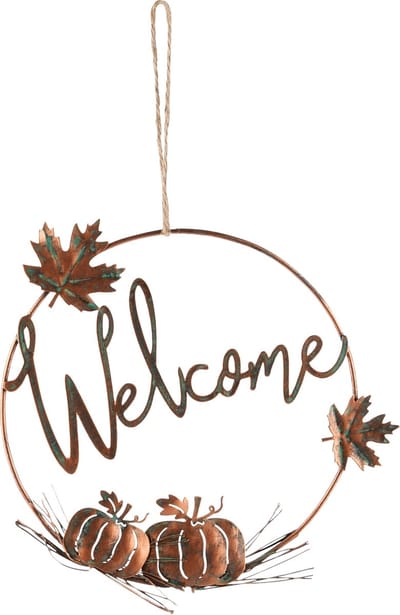 Dekoratief | Hanger m/pompoenen 'Welcome', roest, metaal, 17x1x17cm | A245220