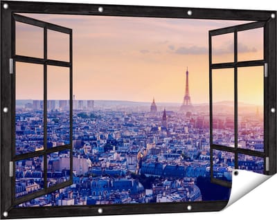 Gards Tuinposter Doorkijk Skyline van Parijs tijdens Zonsondergang - 120x80 cm - Tuindoek - Tuindecoratie - Wanddecoratie buiten - Tuinschilderij