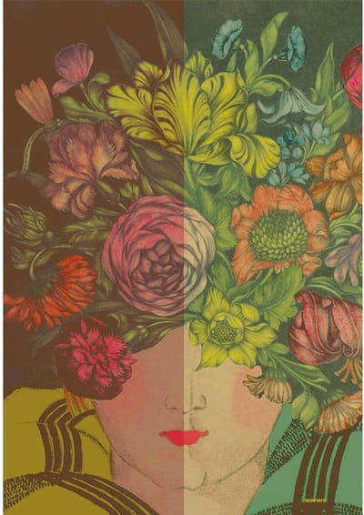 NIN-NIT wall-art - Wanddecoratie - dibond - bloemen schilderij - botanisch - 70x100 cm - Flower Woman - meerkleurig - rose - bruin - groen - geel - blauw - oranje
