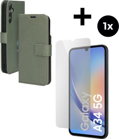 Mobiparts Classic Wallet hoesje geschikt voor Samsung Galaxy A34 (2023) 5G met 1 Screenprotector van Gehard Glas - Groen