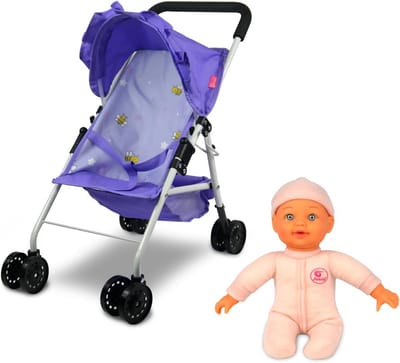 Poppenwagen met Parasol voor Poppen tot 25 cm - Paars