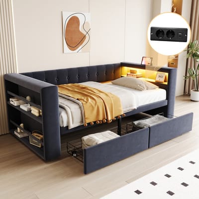 Wishdor Slaapbank 90x190 cm - Met LED, Stopcontact & 2 Laden - Slimme Opberger - Flanel - Donkergrijs