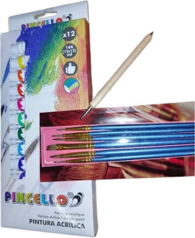 Schilderset acrylverf | 12-delig | 6 verschillende pencelen | dotpen | verfpakket | starterskit