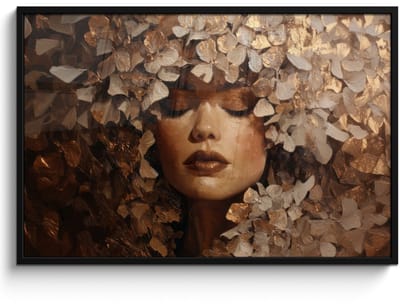Poster in lijst - Fotolijst 120x80 cm - Posters - Gezicht - Vrouwe - Bladeren - Penseelstreken - Posterlijst zwart - Decoratie - Wanddecoratie woonkamer - Muurdecoratie slaapkamer