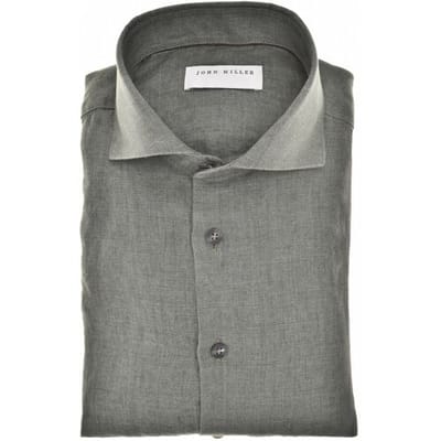 John Miller Overhemd Slim Near Solid Color Linnen Donker Groen / male