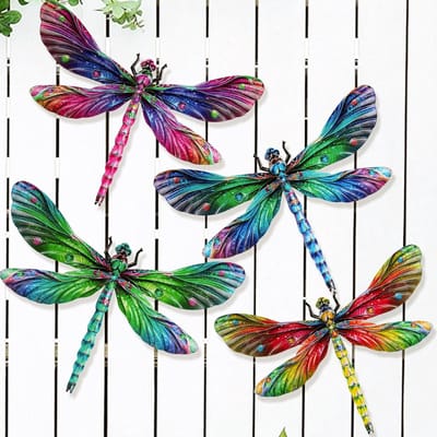 SnelShoppen - 4 Stuks Metaal Hangende Libellen Tuin Decoraties - Kleurige Buiten Wanddecoraties voor Tuin, Schutting, Keuken, Perfecte Decor voor Binn