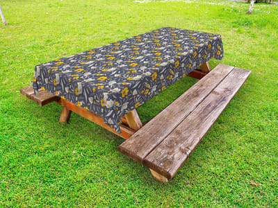 ABAKUHAUS Bloem Buitentafelkleed, Botanisch patroon, Decoratief wasbaar picknicktafelkleed, 145 x 265 cm, Aarde Geel Lichtgrijs