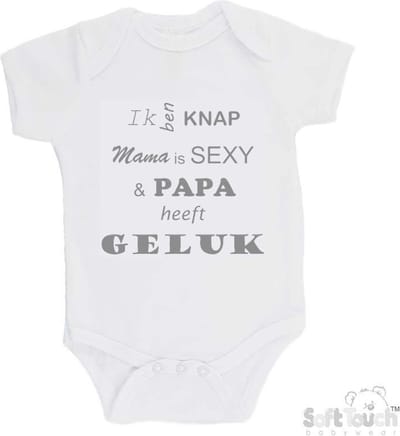 100% katoenen Romper "Ik ben knap Mama is SEXY & Papa heeft GELUK" Unisex Katoen Wit/grijs Maat 56/62