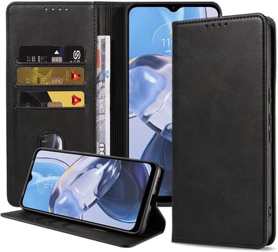 Smartphonica Telefoonhoesje Geschikt voor Motorola Moto E22 Kunstleer met Magnetische sluiting en Pasjeshouders Bookcase met Klepje - Zwart geschikt voor Motorola Moto E22