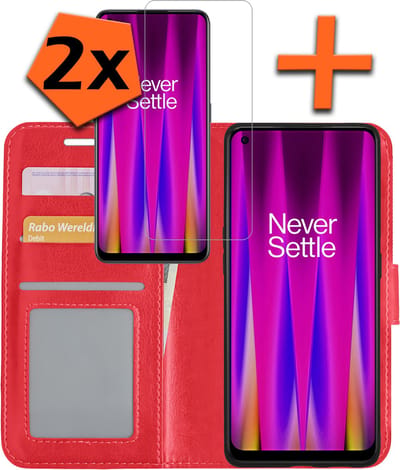 Hoes - Met 2x Screenprotector - Geschikt voor OnePlus Nord CE 2 - Luxe Pasjeshouder - Bookcase Portemonee - Flip Case - Kunstleer Book Case - Flipcase Hoes - Book Cover - Walletcase - PortemonneeHoes - Rood