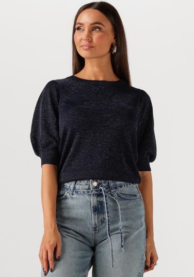 Minus Liva Puff Sleeve Metallic Knit Pullover Truien & vesten Dames - Sweater - Hoodie - Vest- Donkerblauw - Maat L