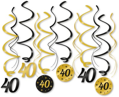 Q2P – 40 Jaar Slingers – Zwart & Gouden Hangdecoratie – Verjaardag Versiering – Feest Swirl – 12 Stuks