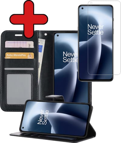 Hoesje - Met Screenprotector - Geschikt voor OnePlus Nord 2T - Luxe Pasjeshouder - Flipcase - Bookcase Portemonee - Flip Case - Kunstleer Book Case - Book Cover - Walletcase - Portemonneehoes - Telefoonhoes - Zwart