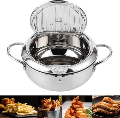 Mini Stalen Koekenpan Thermometer Japanse Stijl Tempura Roestvrij Friteuse - Inductie Fornuis Compatibel - 24cm (Klein formaat 20cm)