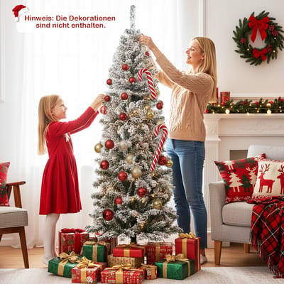 COSTWAY 180 cm kunstkerstboom met verlichting en sneeuw, potloodvormige dennenboom met 260 warmwitte LED-lampjes en 8 lichtmodi, smalle kerstboom, kunstboom voor thuis en op kantoor
