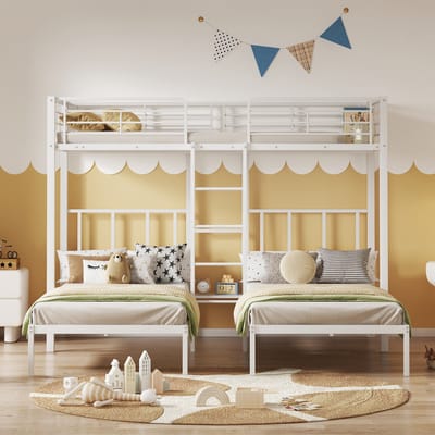 Wishdor Drievoudig Stapelbed 90x200 cm - Met Ladder en Valbeveiliging - Tafelblad - Metaal - Wit