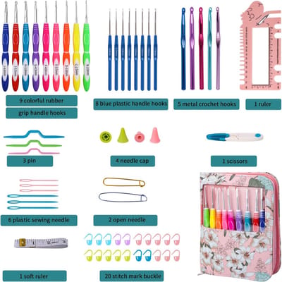 Haaknaalden Set met Organizer Bag, 60 stuks Zachte Handvat Ergonomische Haak Breinaalden Kit 0,6 mm tot 10 mm, DIY Hand Breien Craft Art Tools voor Haken Starter Liefhebbers (Rood)