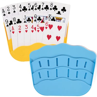Speelkaarthouder - 2 Stuks - Kaarthouder - 17 cm - Speelkaartenhouder - Kaarthouder - 3 Vakken - Handsfree - Kaartenhouder voor Bordspellen, Kaartspellen & Familiespel - Blauw/Geel