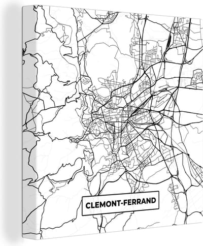 Canvas Schilderij Frankrijk - Clermont-Ferrand - Plattegrond - Stadskaart - Kaart - Zwart wit - 20x20 cm - Wanddecoratie