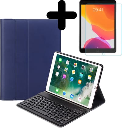 Hoes - Geschikt voor Apple iPad 8 (2020) - 10.2 inch - 8e Generatie - Met Screenprotector - Toetsenbord Case - Keyboard Book Cover - Hoesje - Donkerblauw