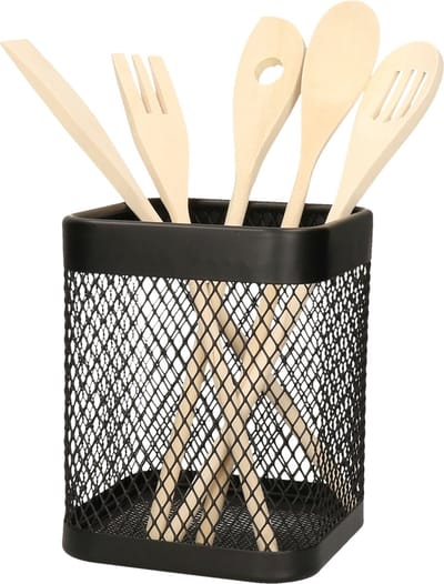 5Five Keukengerei kooklepels spatels set 5-delig - bamboe - in zwart rvs houder van 13 x 17 cm